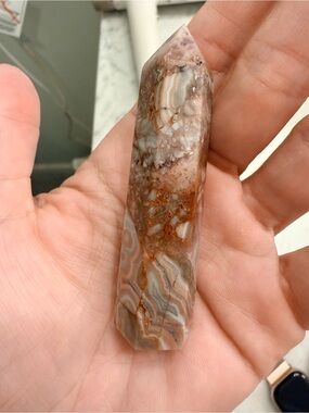 Polished Brown and Cream/Pinkish Crazy Lace Agate Point Tower